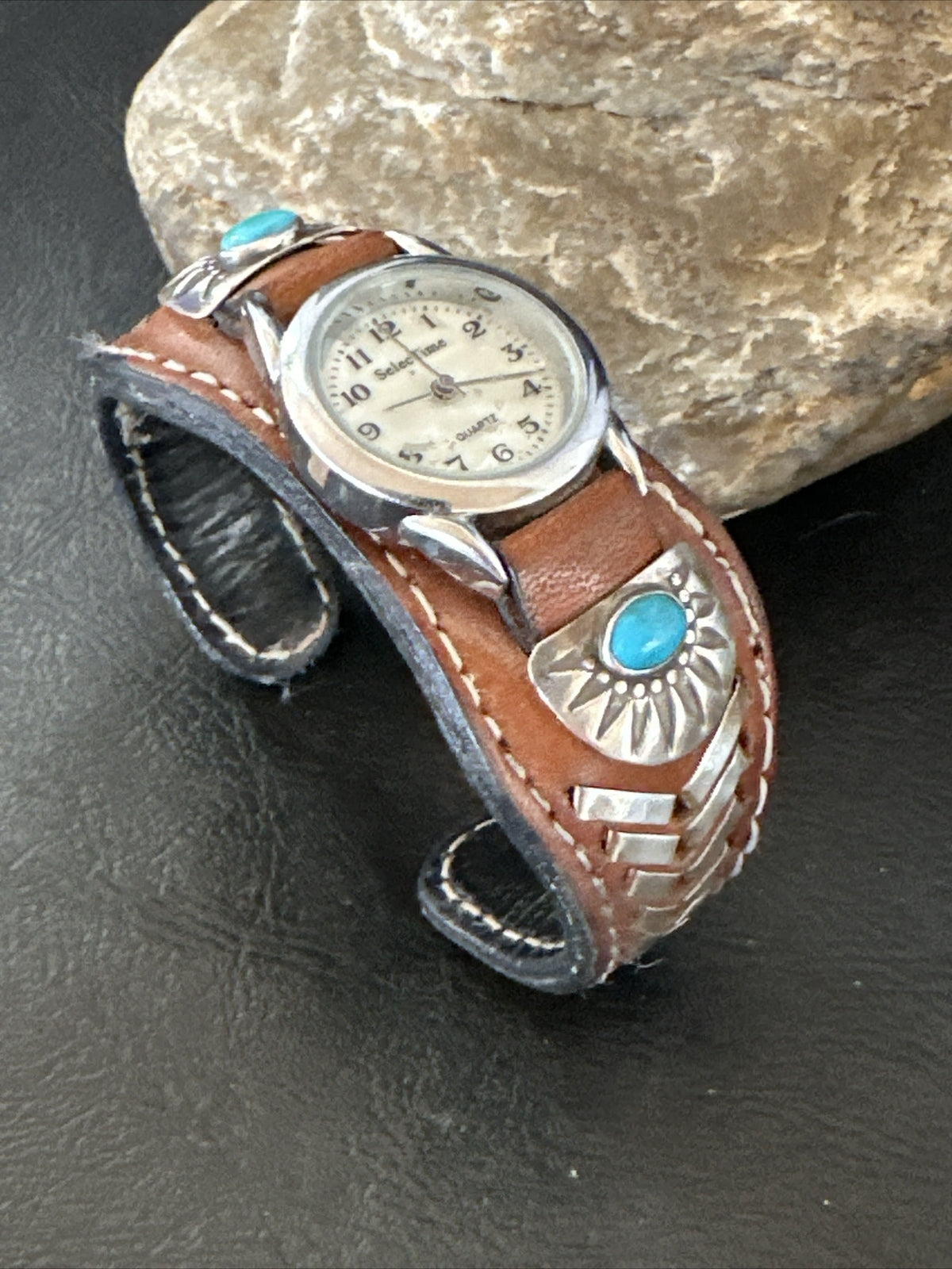 Womens Blue Turquoise Navajo Sterling Silver Cuff Watch Leather Bracelet 17736