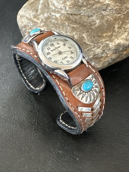 Womens Blue Turquoise Navajo Sterling Silver Cuff Watch Leather Bracelet 17736