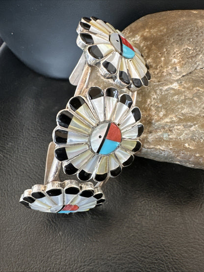 Blue Turquoise Coral MOP Zuni Sterling Silver Inlay Sunface Cuff Bracelet 18872