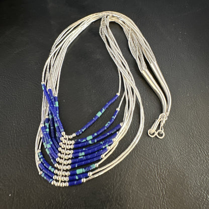 Blue Green Azurite Heishi 10Strand Stabilized Sterling Silver Necklace 18" 15135