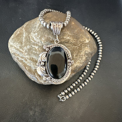 Mens Womens Black Onyx Pendant Navajo Sterling Silver Beads Necklace 18297