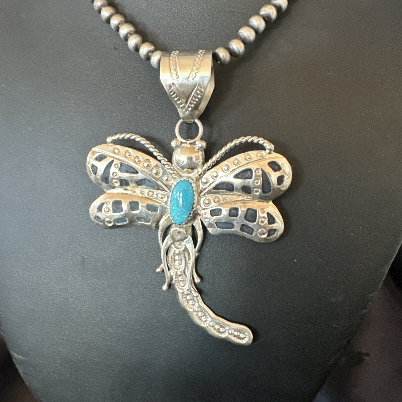 Navajo Dragonfly Blue Turquoise Sterling Silver Necklace Pendant 3" 18579