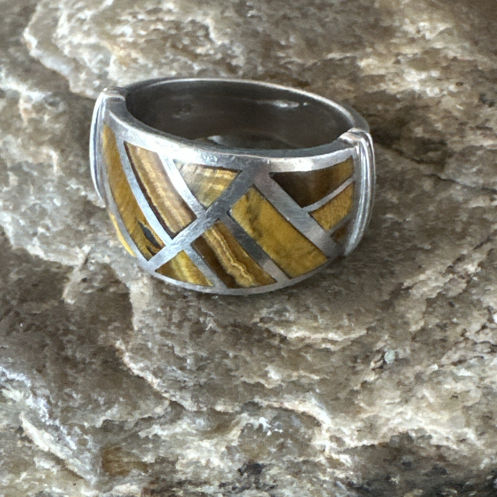 Women Coffee Tigers Eye Navajo Sterling Silver Inlay Ring Size 7 19036