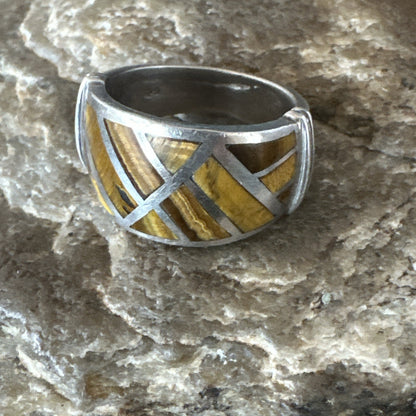 Women Coffee Tigers Eye Navajo Sterling Silver Inlay Ring Size 7 19036