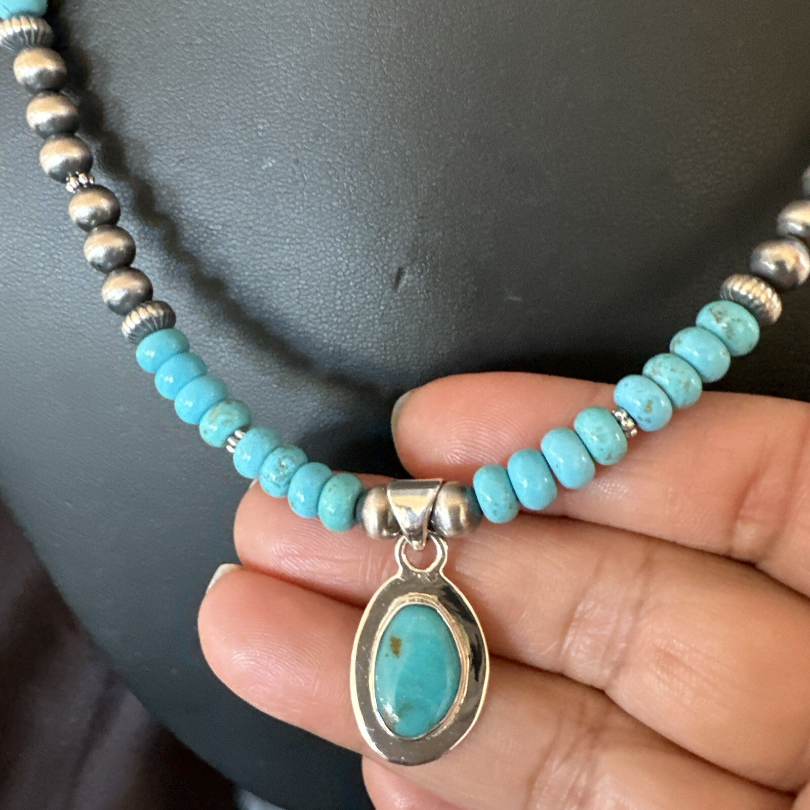 WoMens Blue Kingman Turquoise Pendant Navajo Sterling Silver Necklace 21" 17931