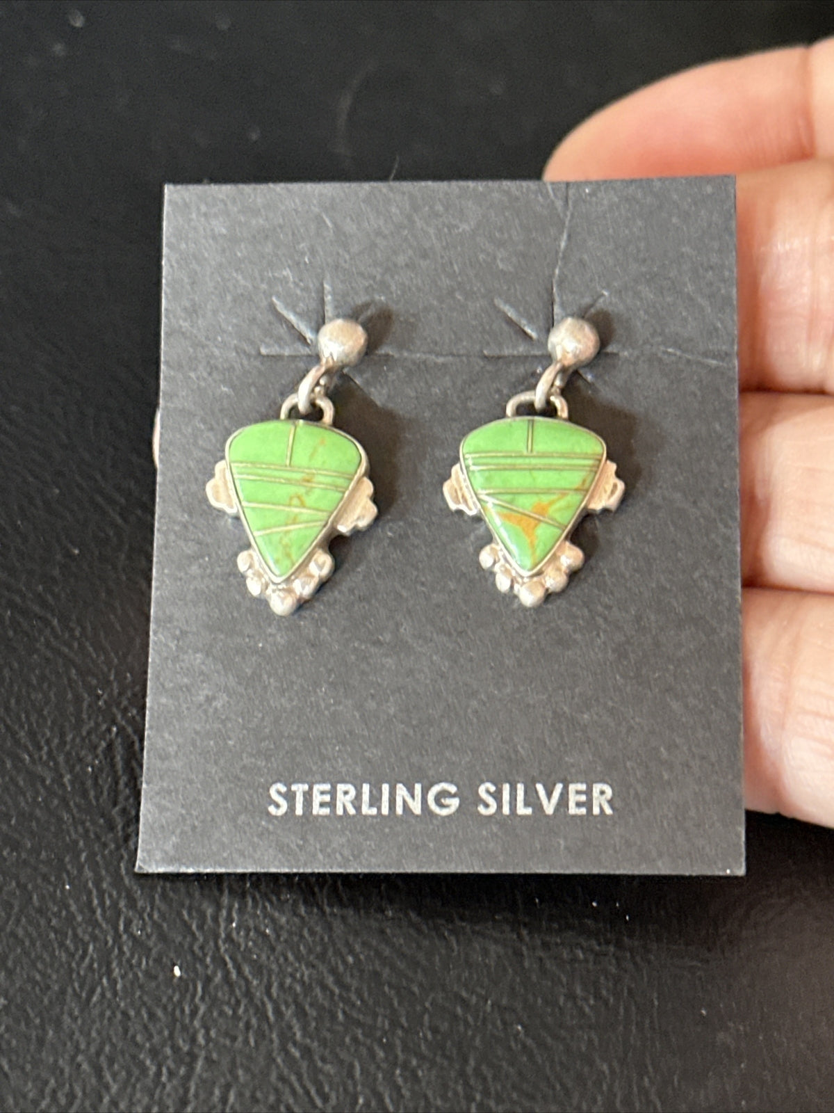 Green Gaspeite Navajo Sterling Silver Inlay 1" Earrings 14779