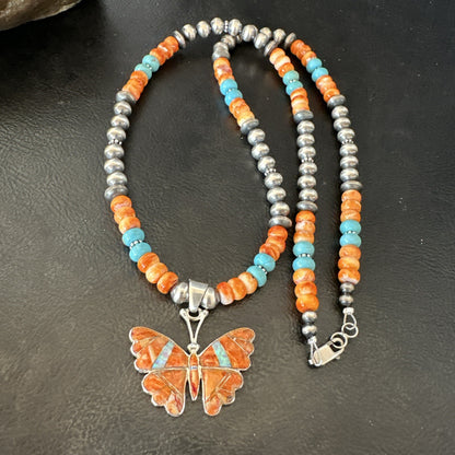 Butterfly Orange Spiny Turquoise Opal Sterling Silver  Necklace Pendant 18677