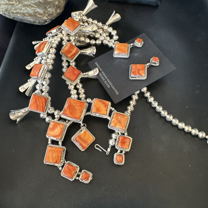 Orange Spiny Oyster Sterling Silver Squash Blossom Necklace 26" Earrings 19074