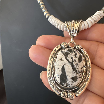 White Buffalo Turquoise Pendant Navajo Pearls Sterling Silver Necklace 20” 19499