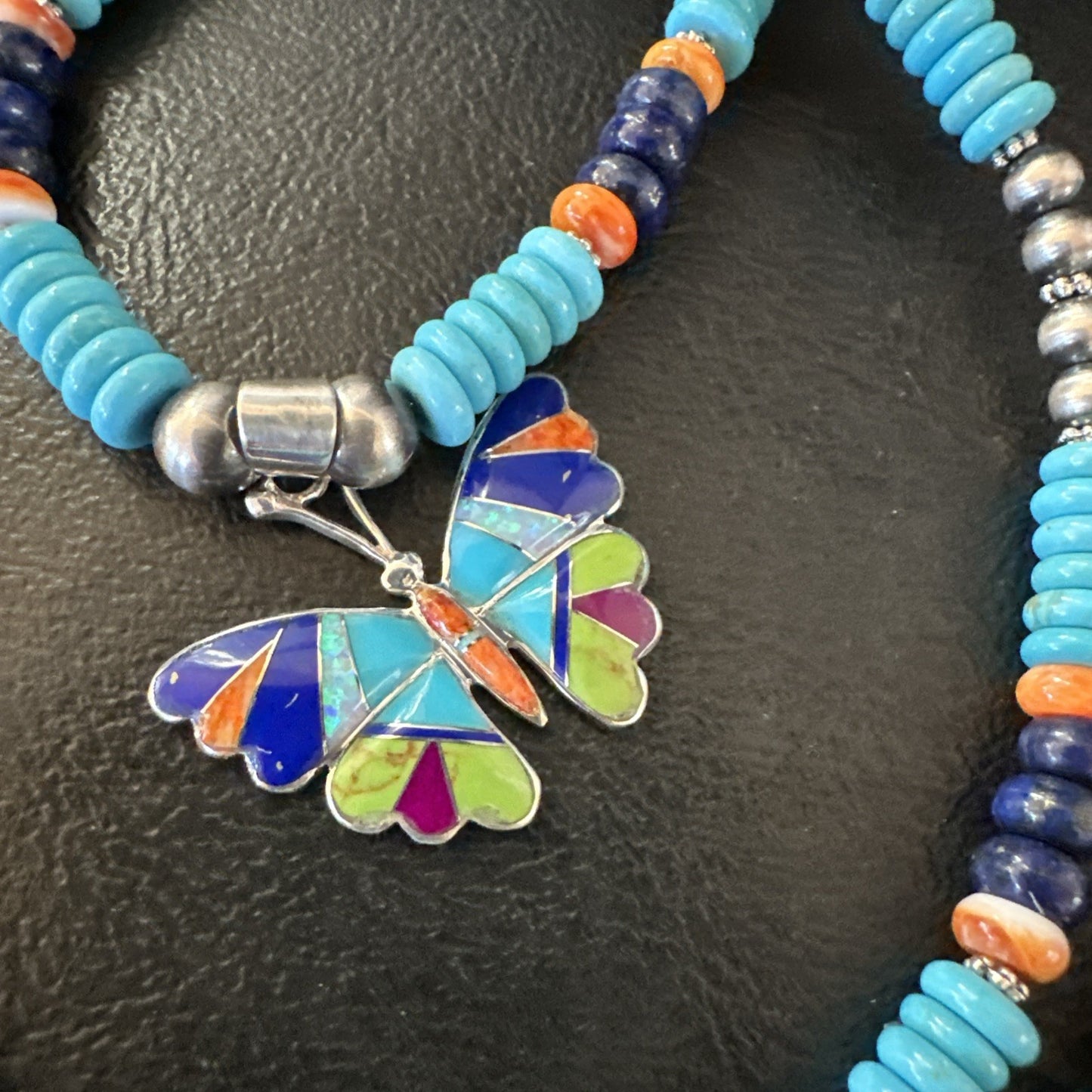 Butterfly Multicolor Turquoise Pendant Navajo Sterling Silver Necklace 19652