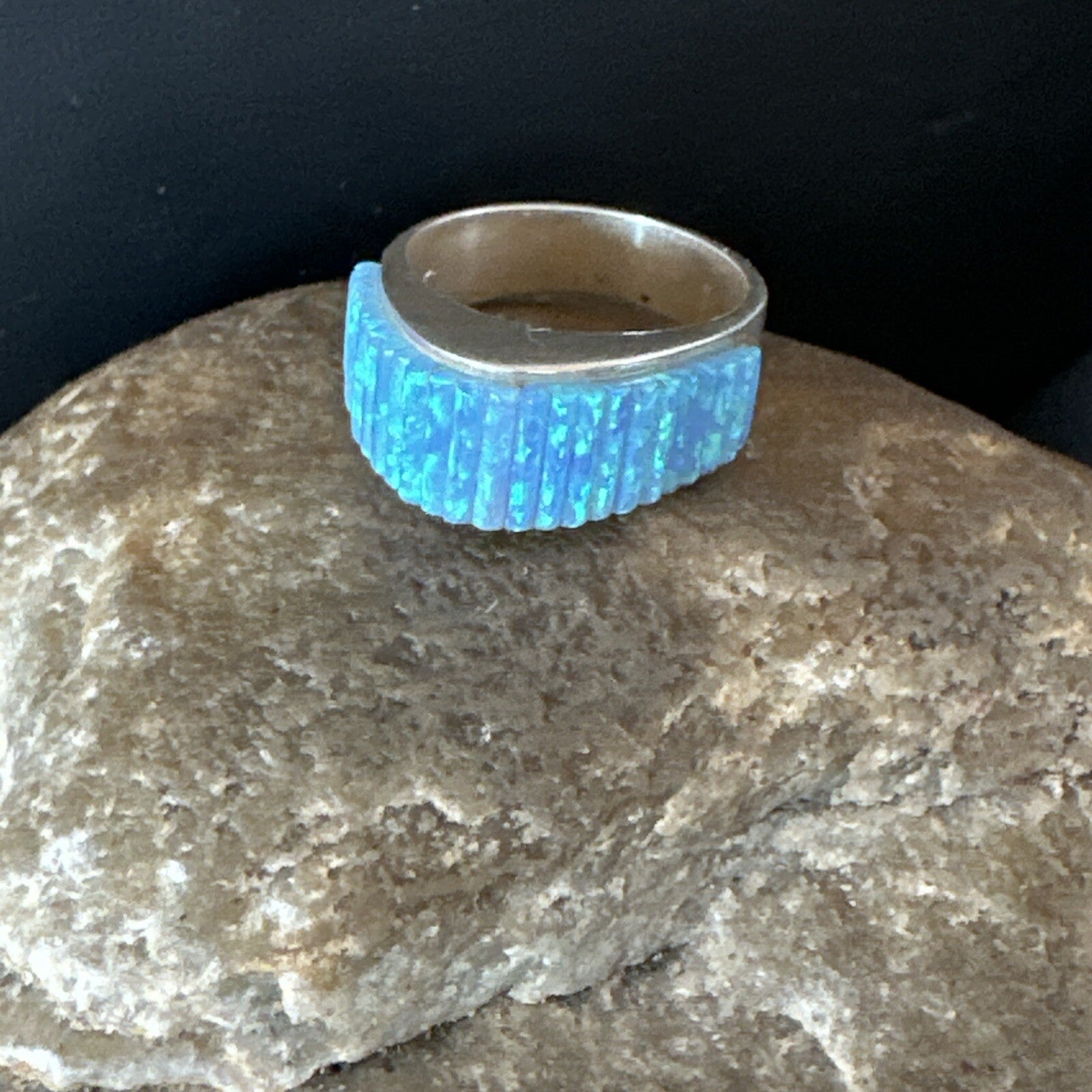 Blue Opal Navajo Sterling Silver Band Inlay Ring Size7 18799