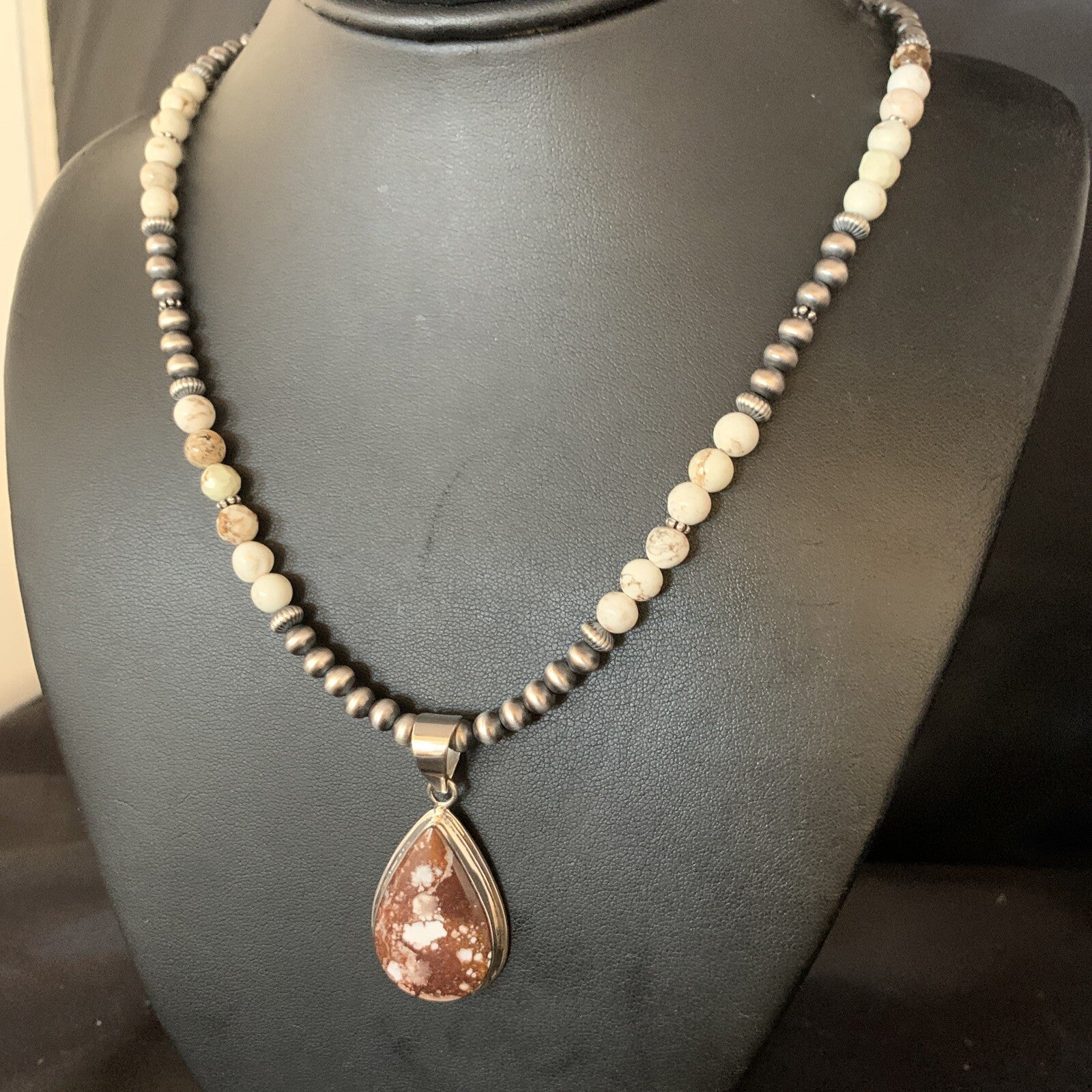 Wild Horse Turquoise Pendant Navajo Pearls Sterling Silver Necklace 20" 13864