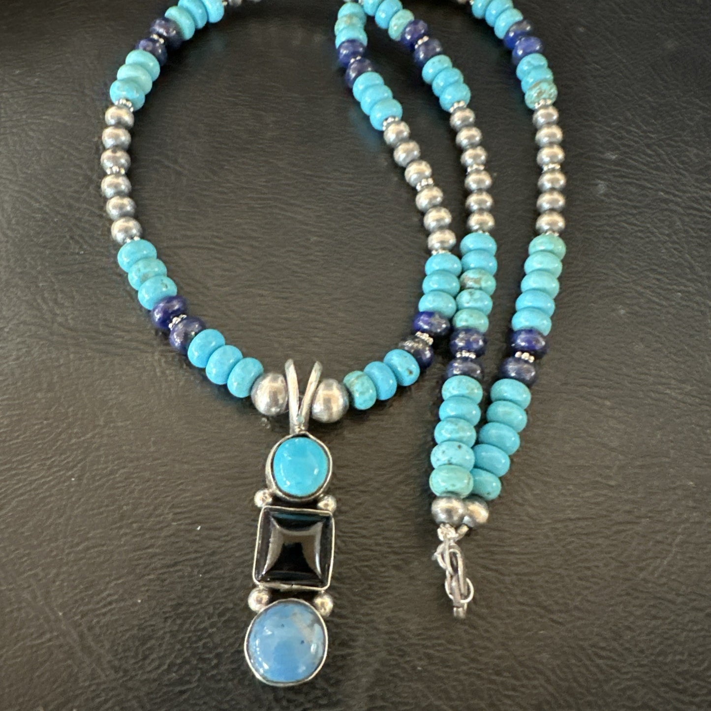 Blue Turquoise Lapis Onyx Pendant Navajo Sterling Silver Necklace 19550