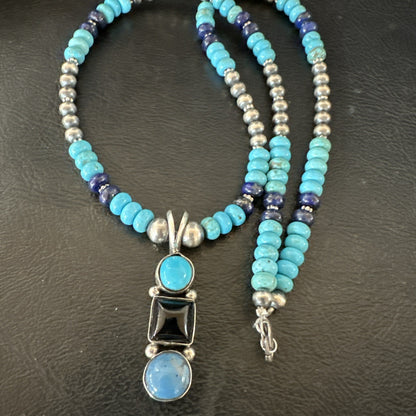 Blue Turquoise Lapis Onyx Pendant Navajo Sterling Silver Necklace 19550
