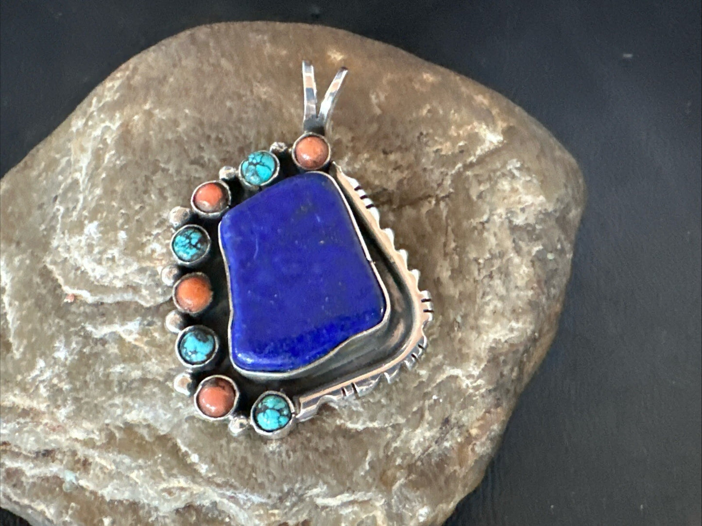 Blue Lapis Cluster Pendant Navajo Sterling Silver Beads Necklace 18754