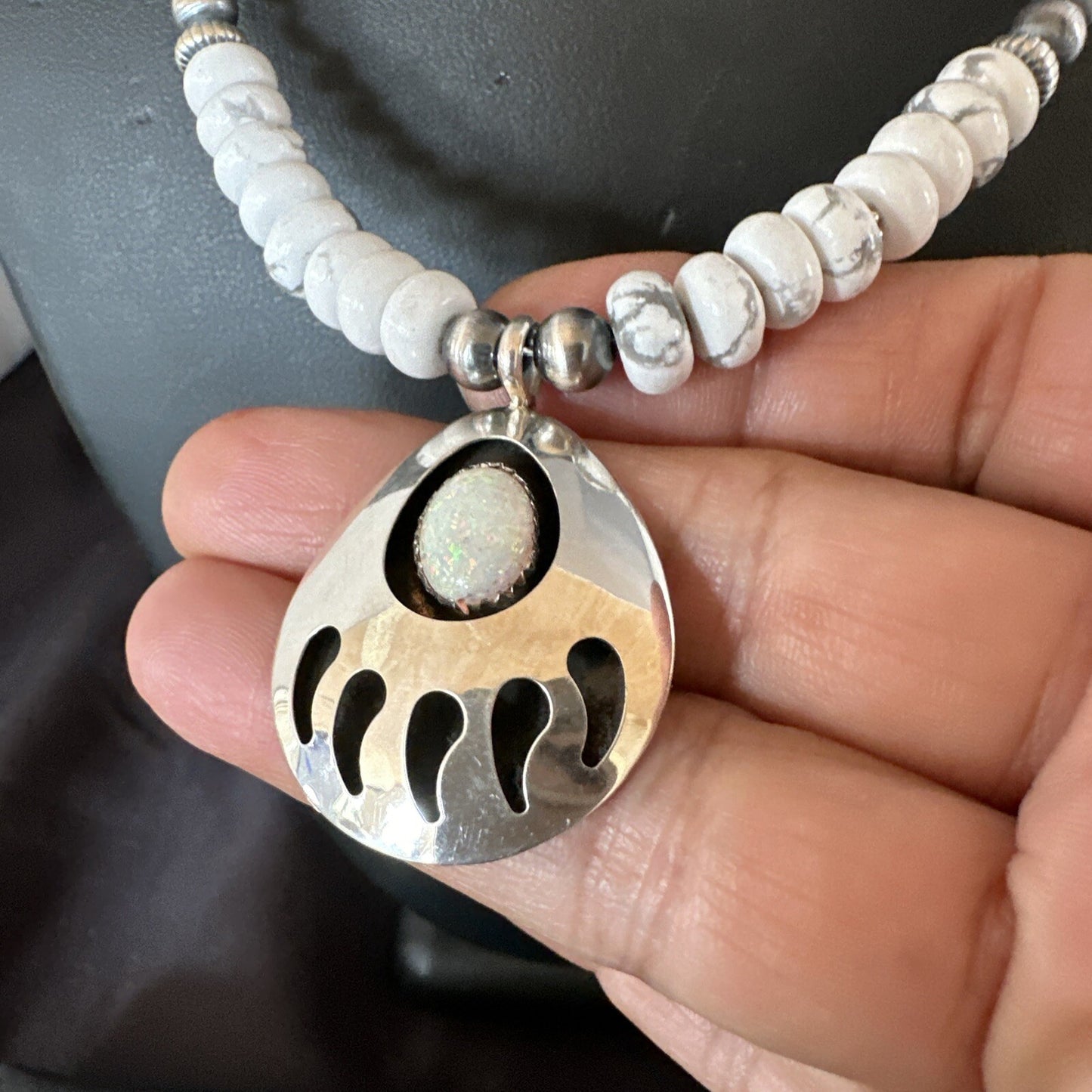 Mens White Opal BearPaw Pendant Navajo Howlite Sterling Silver Necklace 17884