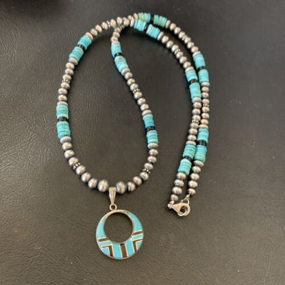 Blue Turquoise Inlay Pendant Navajo Pearls Sterling Silver Necklace 12615