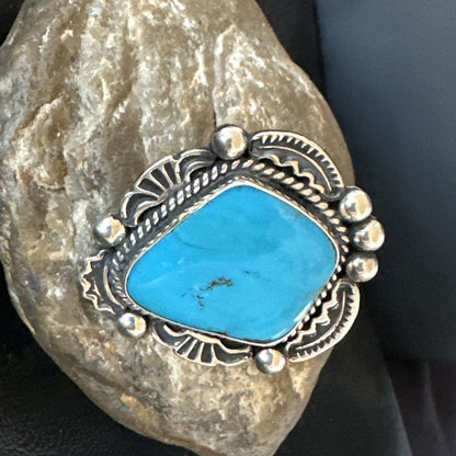 Handmade Navajo Sterling Silver  Blue Kingman Turquoise Ring Size 9.75 19622