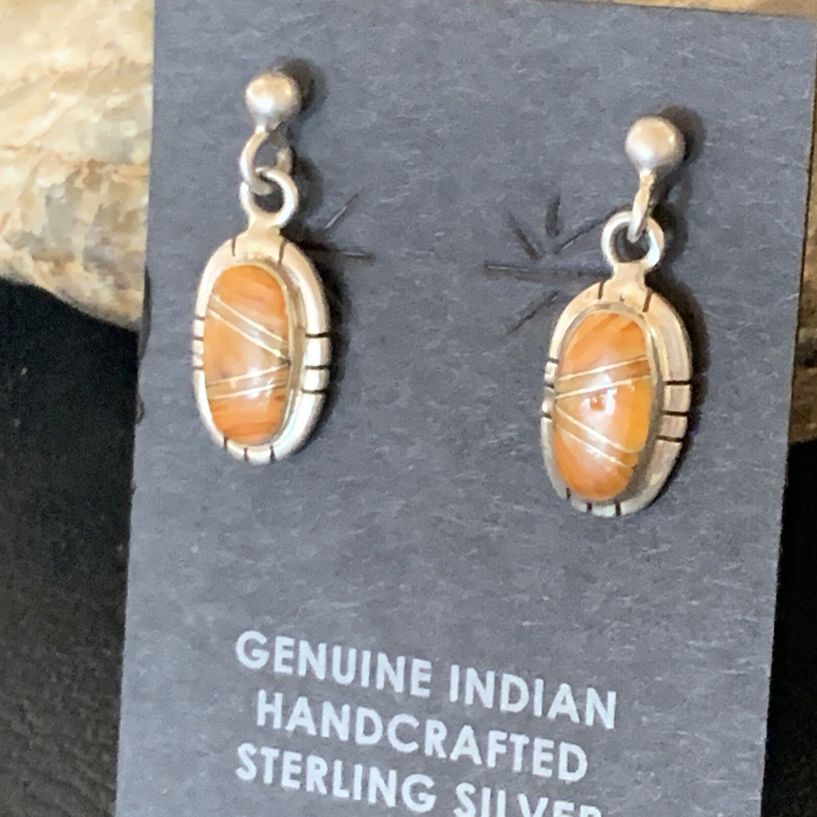 Orange Spiny Oyster Navajo Sterling Silver Dangle Inlay Earrings 12680