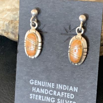 Orange Spiny Oyster Navajo Sterling Silver Dangle Inlay Earrings 12680