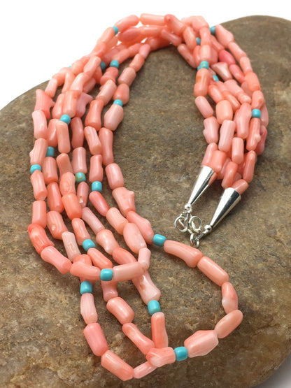 Turquoise & Pink Coral Southwestern Sterling Silver 3 Strand Necklace 04389