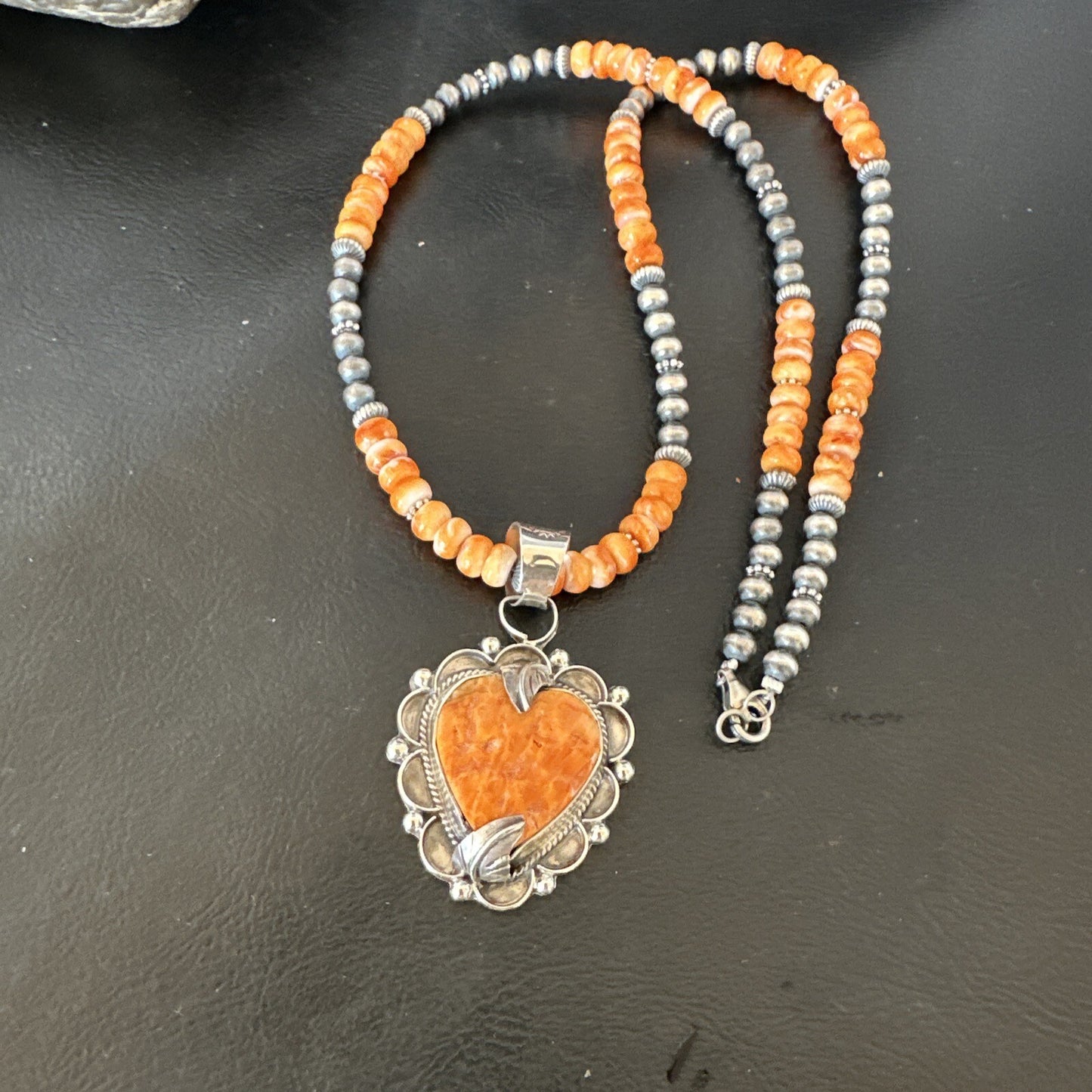 Orange Spiny Oyster Heart Pendant Navajo Sterling Silver Necklace Halloween16293