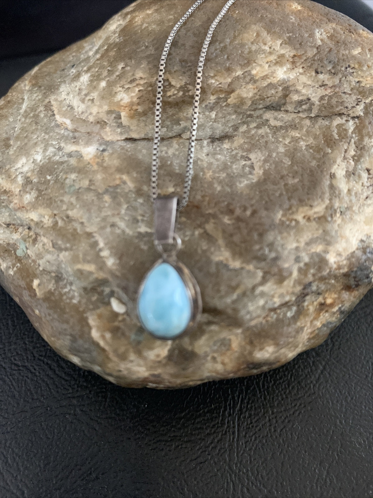 Blue Larimar Minimalist Pendant Navajo Sterling Silver Necklace 18" 17440