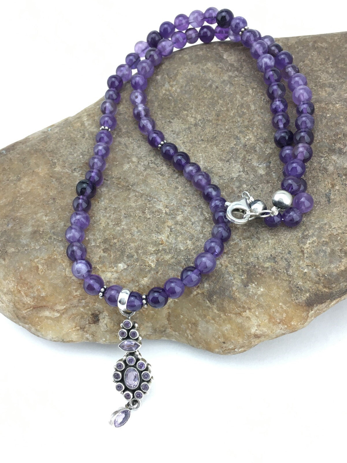 Amethyst Pendant Southwesten Navajo Sterling Silver Beads Necklace 19" 04914
