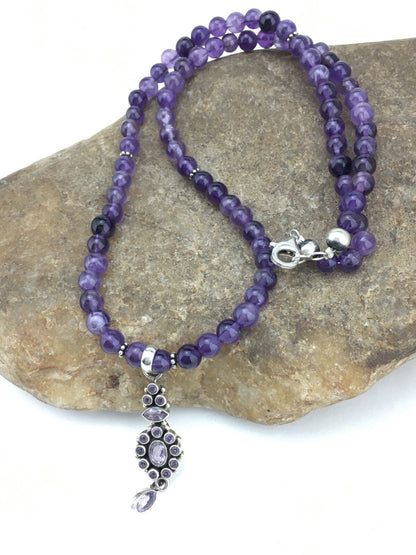 Amethyst Pendant Southwesten Navajo Sterling Silver Beads Necklace 19" 04914