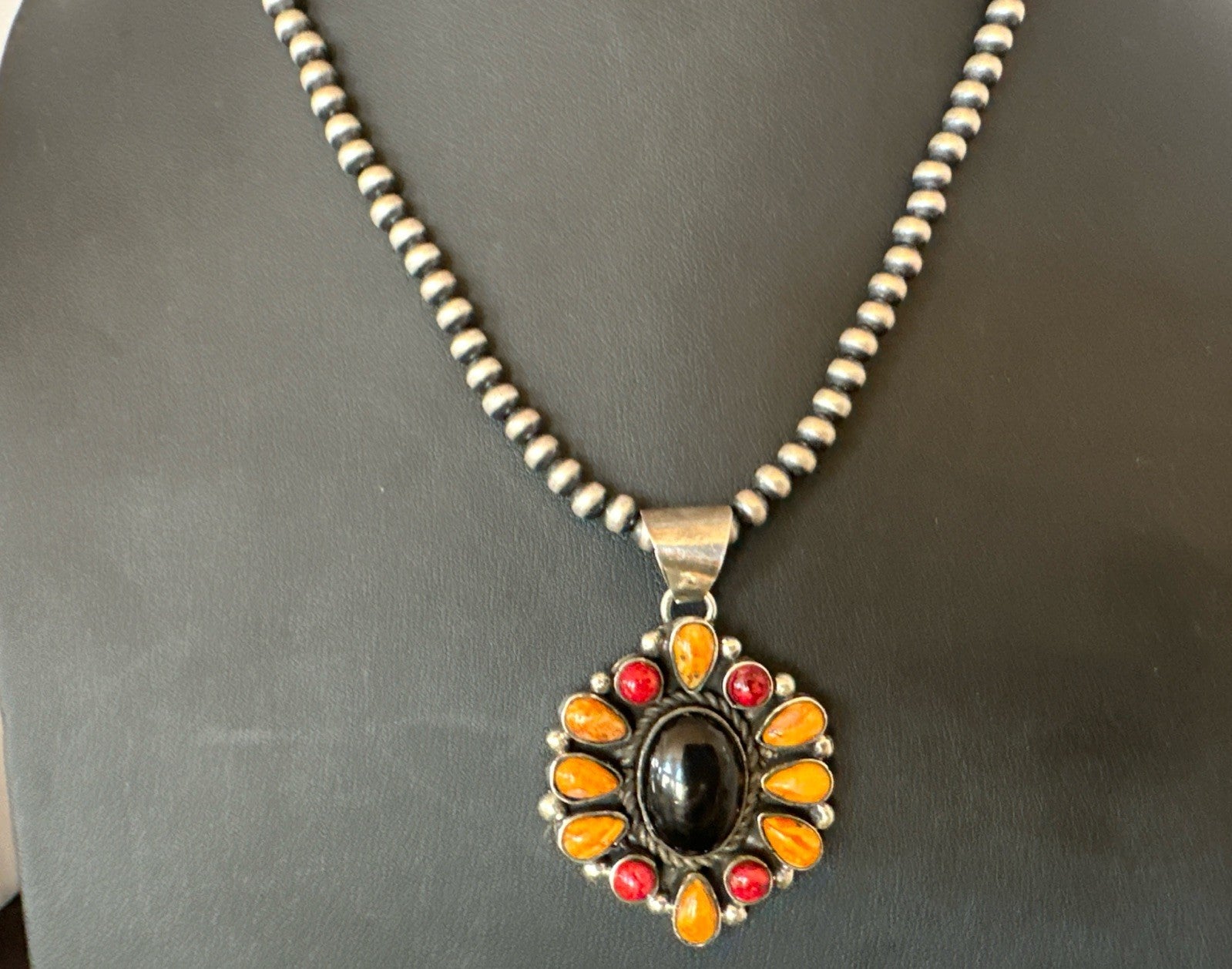 Onyx Coral Orange Spiny Navajo Sterling Silver Cluster Pendant Necklace 19566