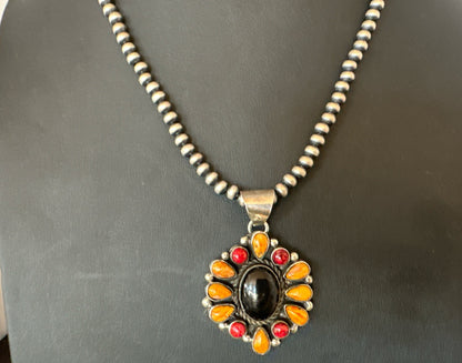 Onyx Coral Orange Spiny Navajo Sterling Silver Cluster Pendant Necklace 19566