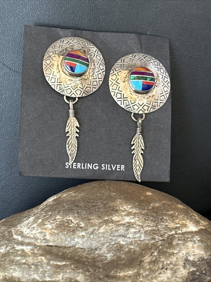 Blue Turquoise & Spiny Oyster Navajo Sterling Silver Inlay Earrings 2” 14762