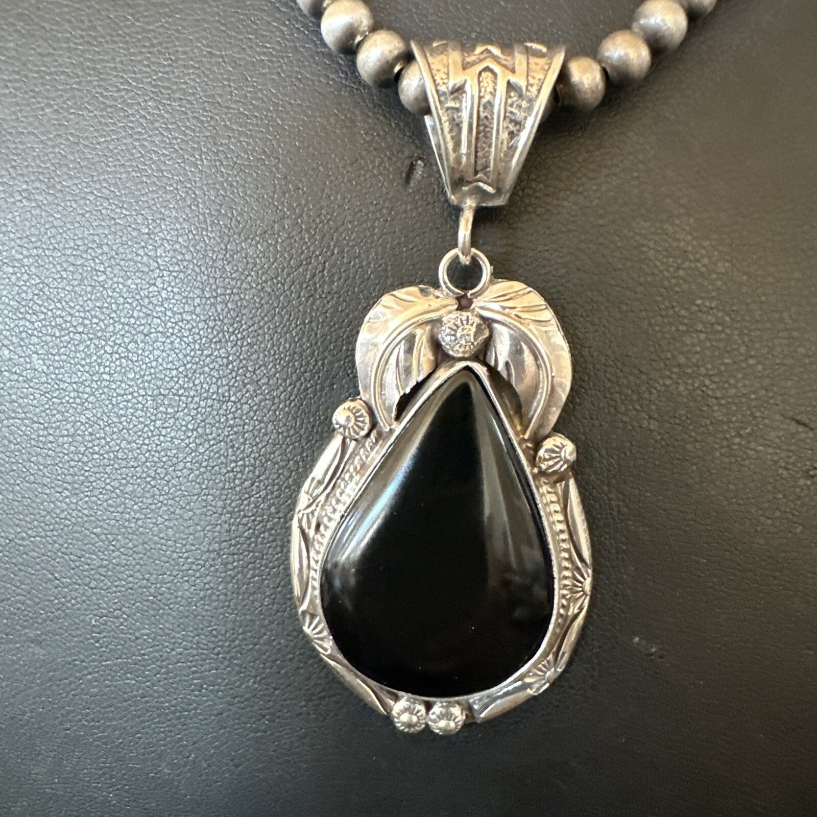 Mens Womens Black Onyx Pendant Navajo Sterling Silver Beads Necklace 18352