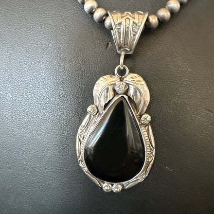 Mens Womens Black Onyx Pendant Navajo Sterling Silver Beads Necklace 18352