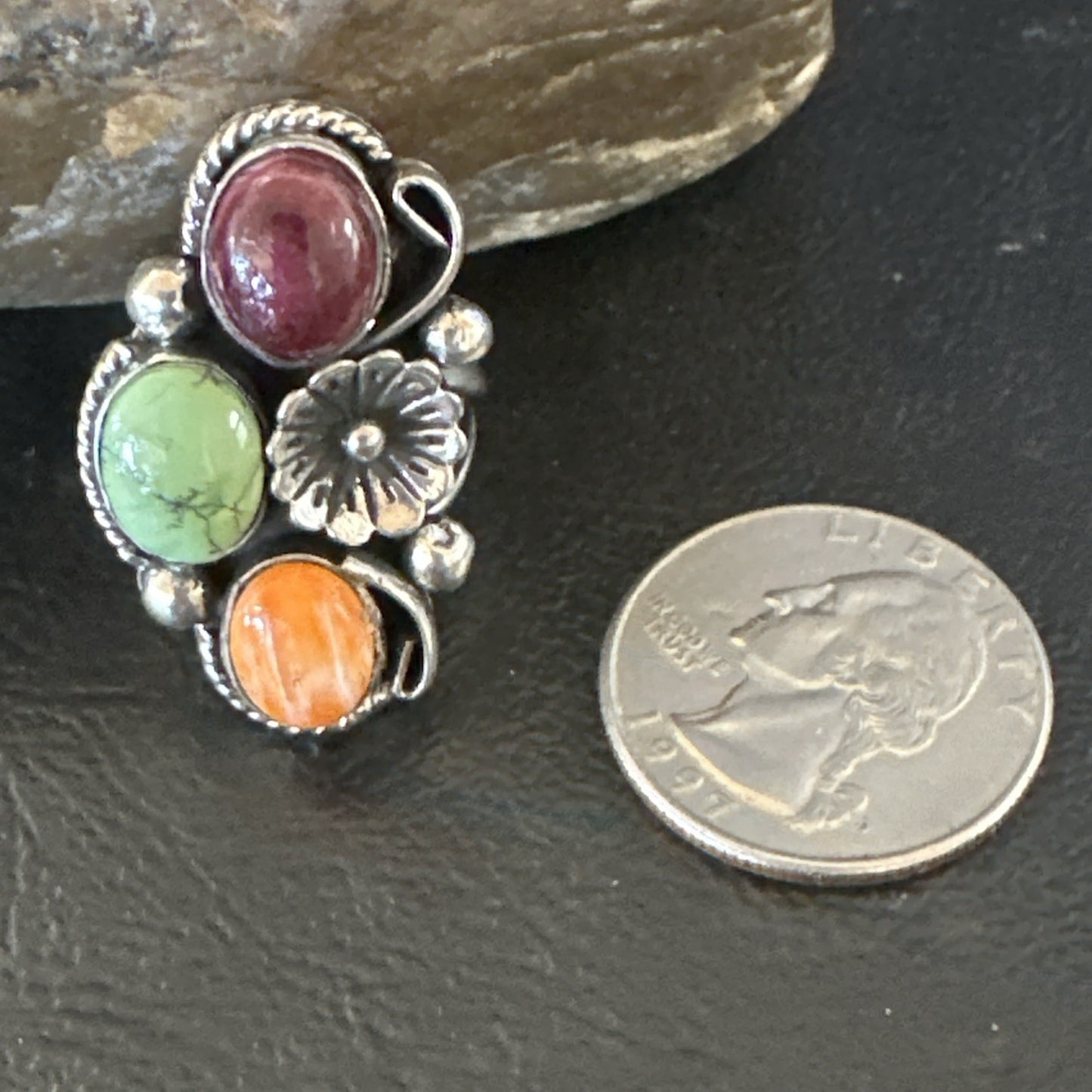 Multicolor Ring Turquoise Spiny Navajo Sterling Silver Cluster Size 7 19179