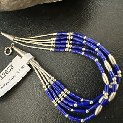 Lapis Stabilized Liquid Heishi 5 Strands Sterling Silver Bracelet 7.25" 12638