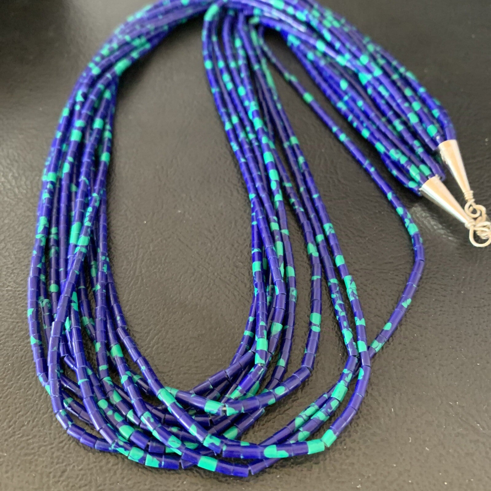 Blue Green Azurite Heishi 10Strand Stabilized Sterling Silver Necklace 20” 10349