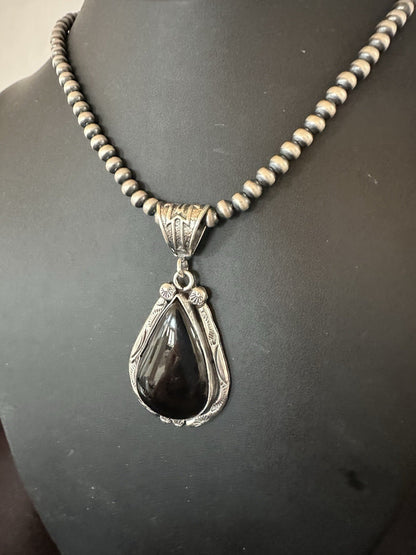 Black Onyx Pendant Navajo Pearls Sterling Silver Necklace 19386