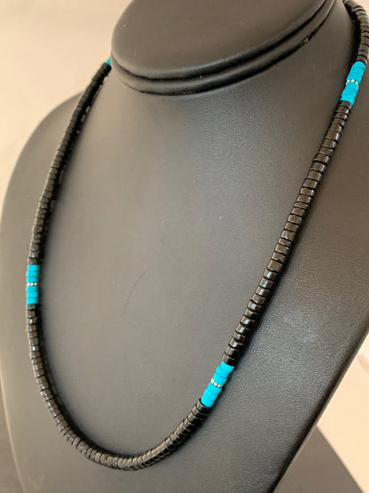 Native Mens Blue Turquoise Heishi Onyx Necklace Navajo Sterling Silver 8823