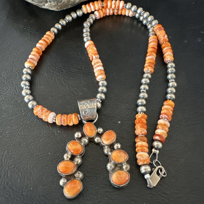 Navajo Pearls Sterling Necklace Orange Spiny Oyster Cluster Naja Pendant 19552