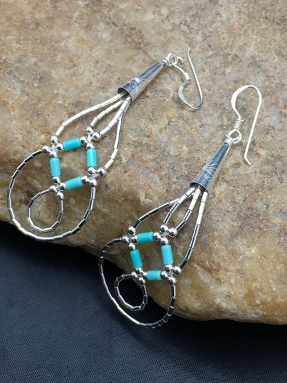 Blue Turquoise Tube Heishi Dangle Liquid Sterling Silver Earrings 2" 03100