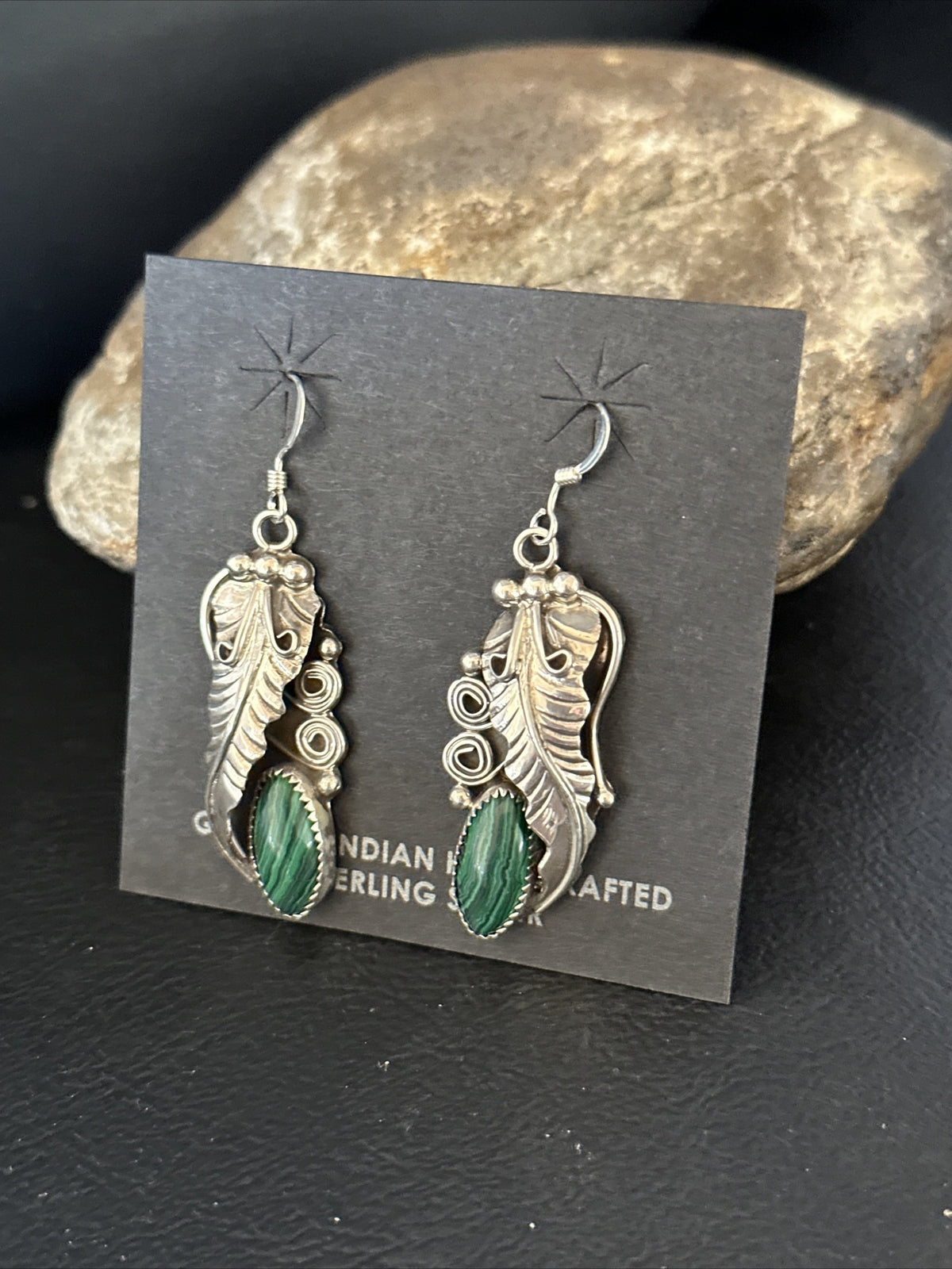 Green Malachite Navajo Sterling Silver Dangle Earrings 14761