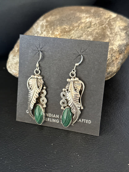 Green Malachite Navajo Sterling Silver Dangle Earrings 14761