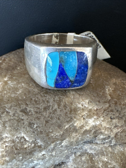 MultiColor Navajo Sterling Turquoise Lapis Inlay Ring Sz 10 18816