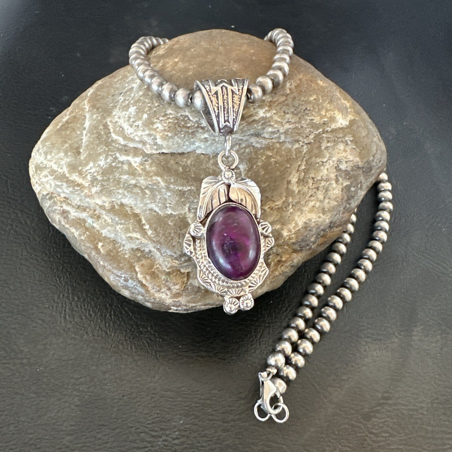 Purple Stone Pendant Navajo Pearls Sterling Silver Necklace 20” 18047