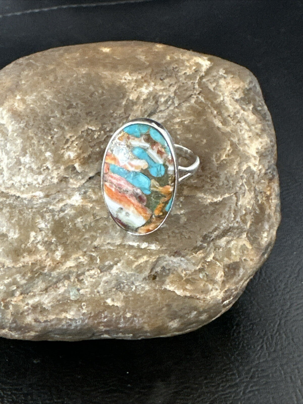 Blue Turquoise Orange Spiny Oyster Navajo Sterling Silver Ring Size 10 18208