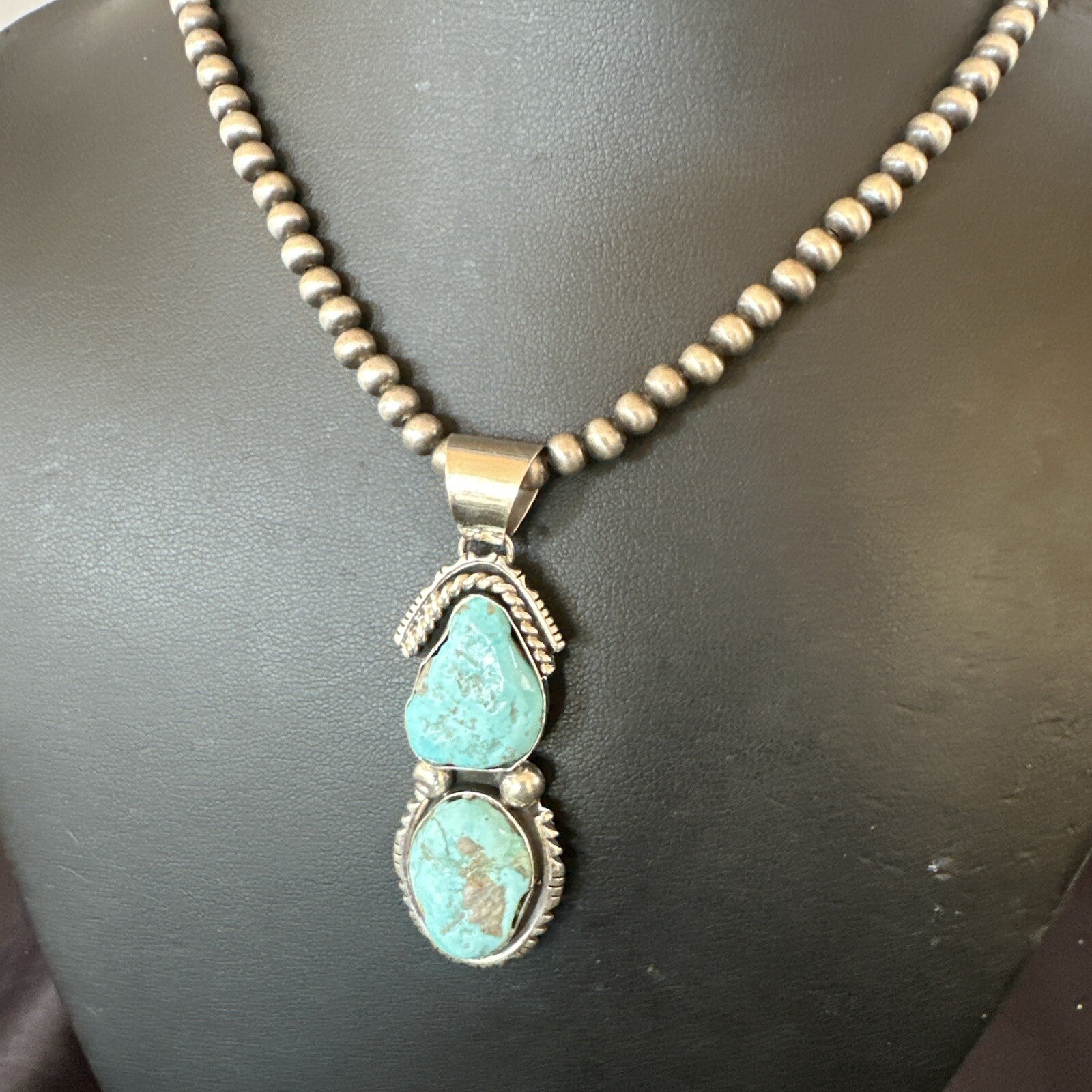 Blue Turquoise 2 Stone Navajo Sterling Silver Cluster Pendant 18308