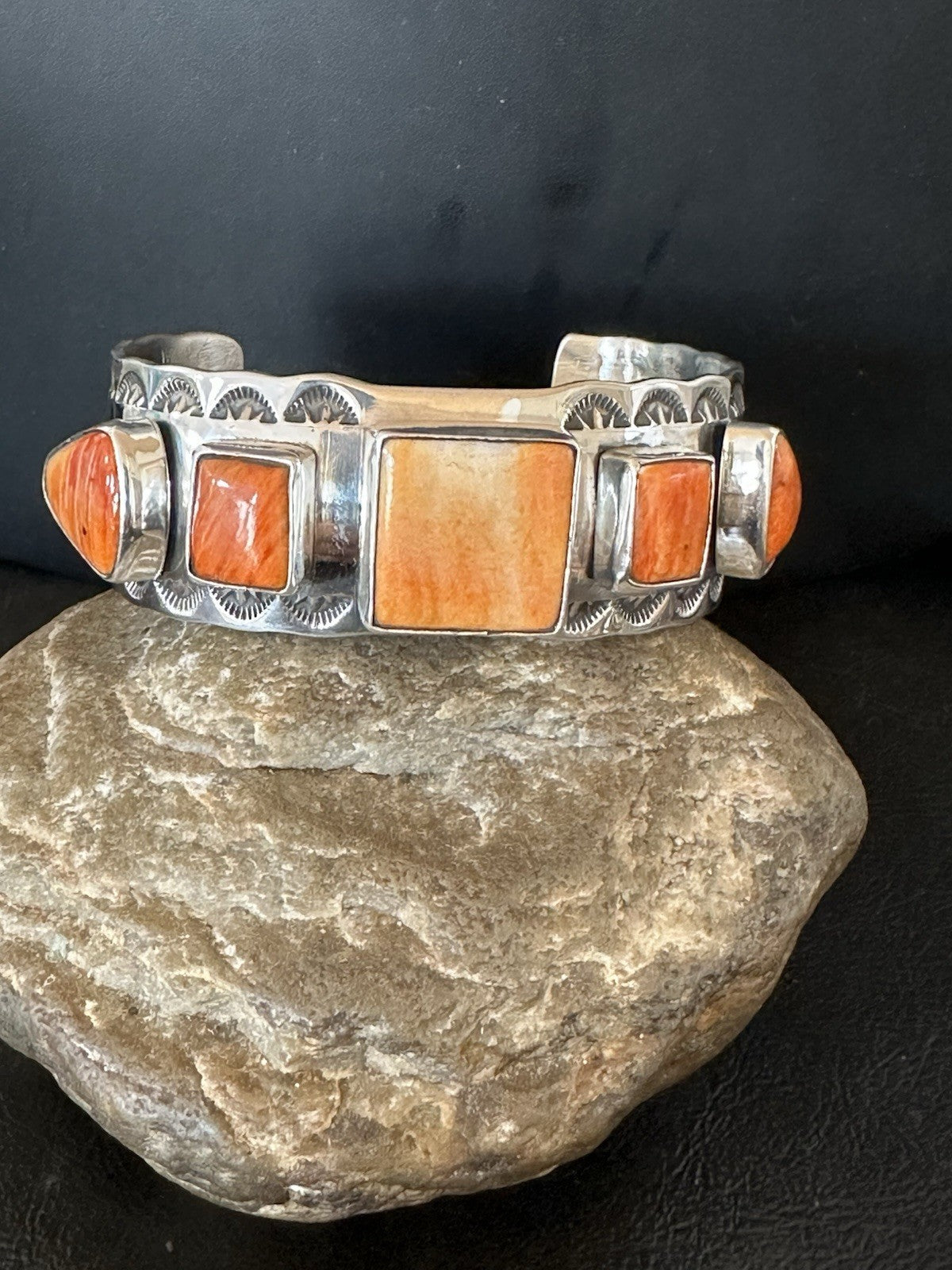 Orange Spiny Oyster 5 Stone Row Sterling Silver Navajo Cuff Bracelet 7.7" 19477