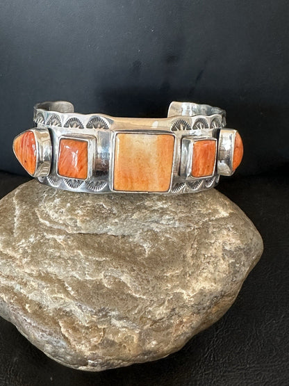 Orange Spiny Oyster 5 Stone Row Sterling Silver Navajo Cuff Bracelet 7.7" 19477