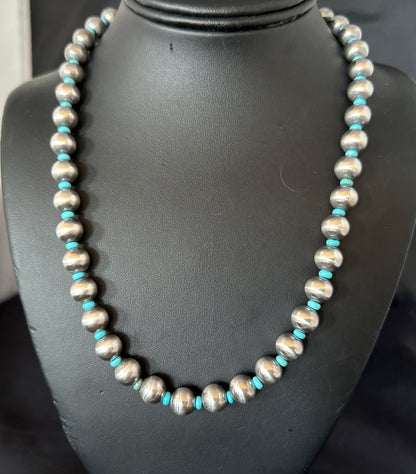 Blue Turquoise 10mm Round Sterling Silver Beads Necklace 20” 92407